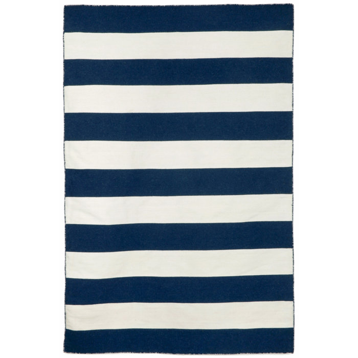 Beachcrest Home Ranier Striped Handmade Flatweave Navy Blue / White